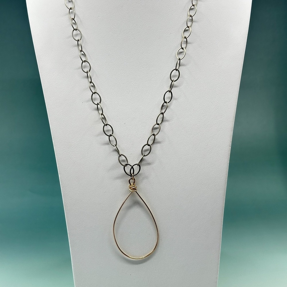 Mix Metal Silver & Gold Tone Teardrop Pendant Blue Suede Tie Statement Necklace